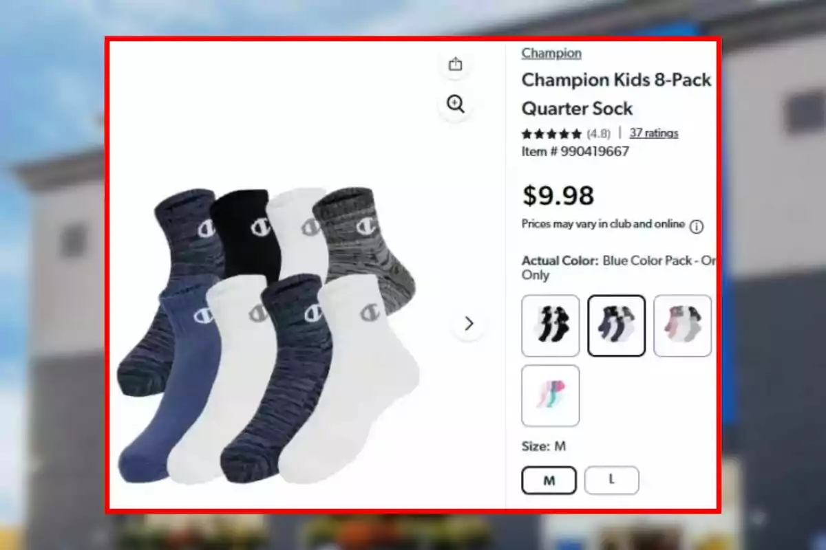 Eight pairs of Champion socks for kids in different colors and patterns, priced at .98 with a medium size option, available at Sam's Club. Eight pairs of Champion socks for kids in different colors and patterns, priced at .98 with a medium size option, available at Sam's Club.