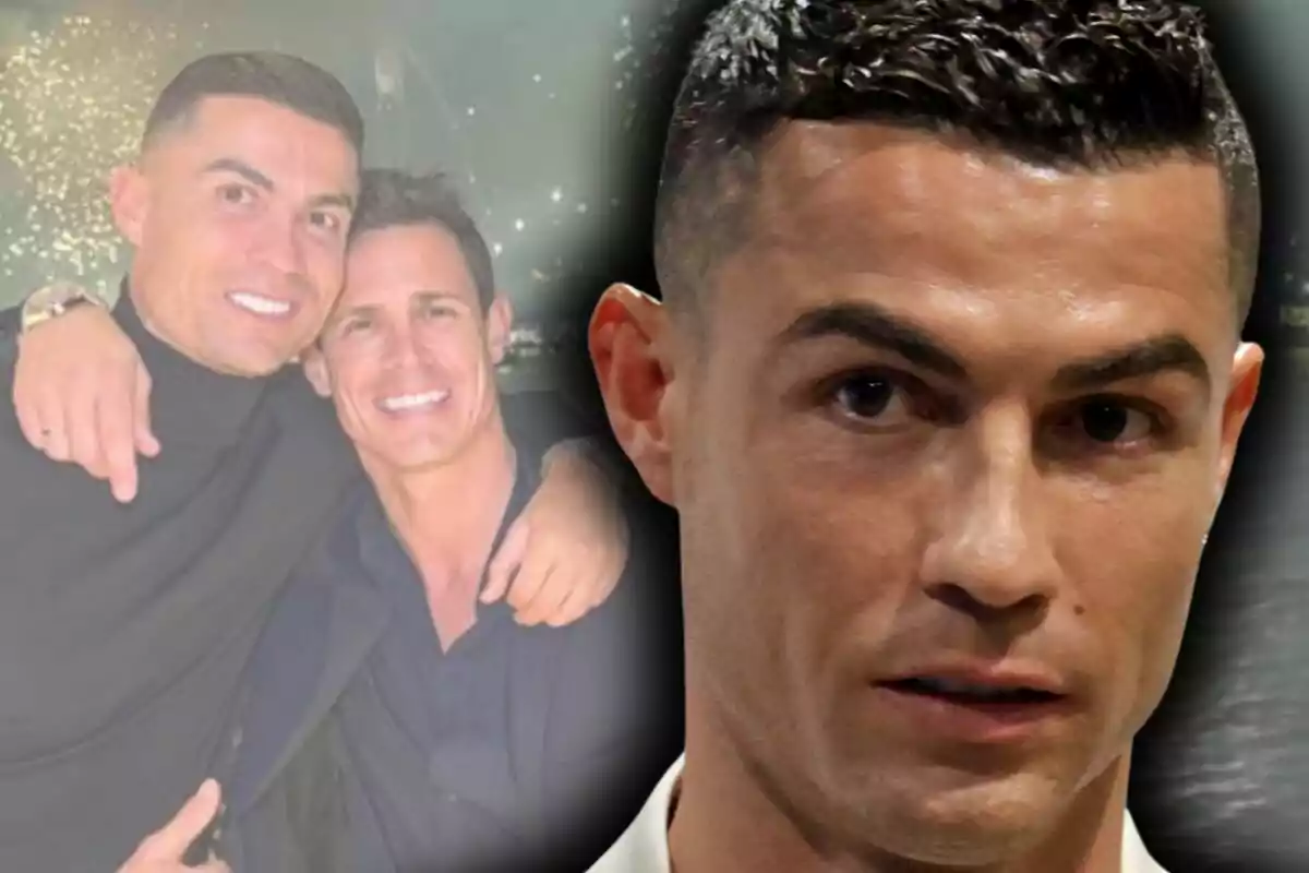 Dos hombres sonríen abrazados en una foto desenfocada al fondo mientras en primer plano aparece el rostro serio de uno de ellos, el cual es Cristiano Ronaldo.