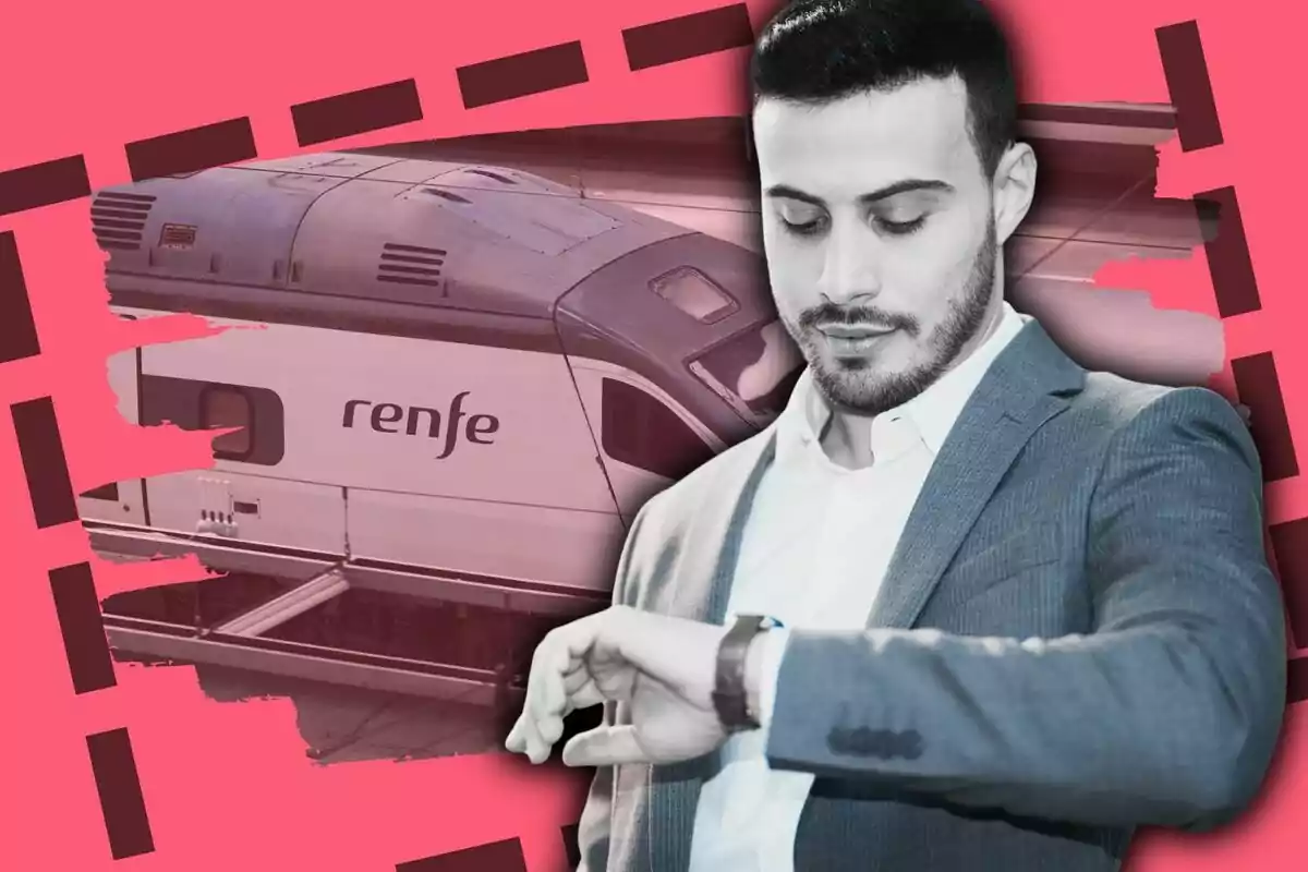 Home amb vestit mirant el seu rellotge davant d’un tren de Renfe amb fons rosa i detalls gràfics foscos.