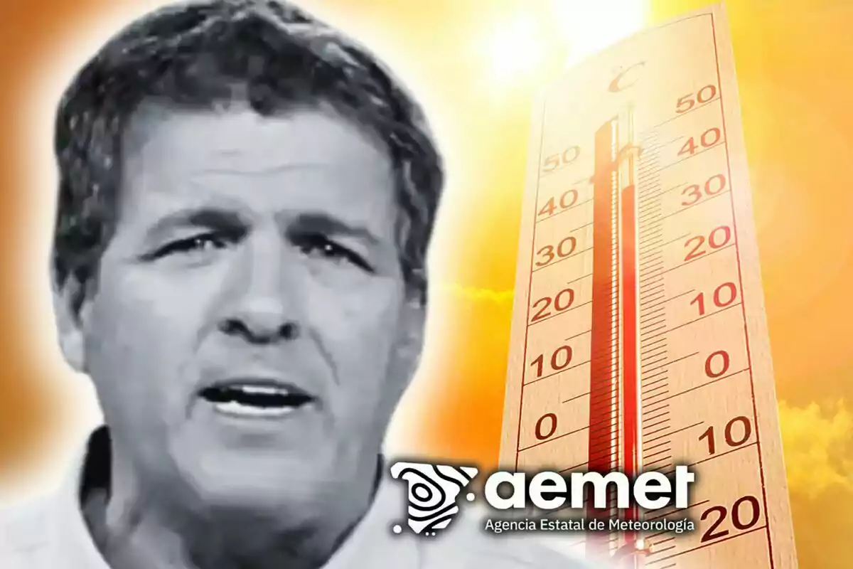 Muntatge de fotos de Mario Picazo en primer pla amb expressió seriosa i un termòmetre marcant altes temperatures al fons al costat del logotip de l’Agència Estatal de Meteorologia sota un cel assolellat.