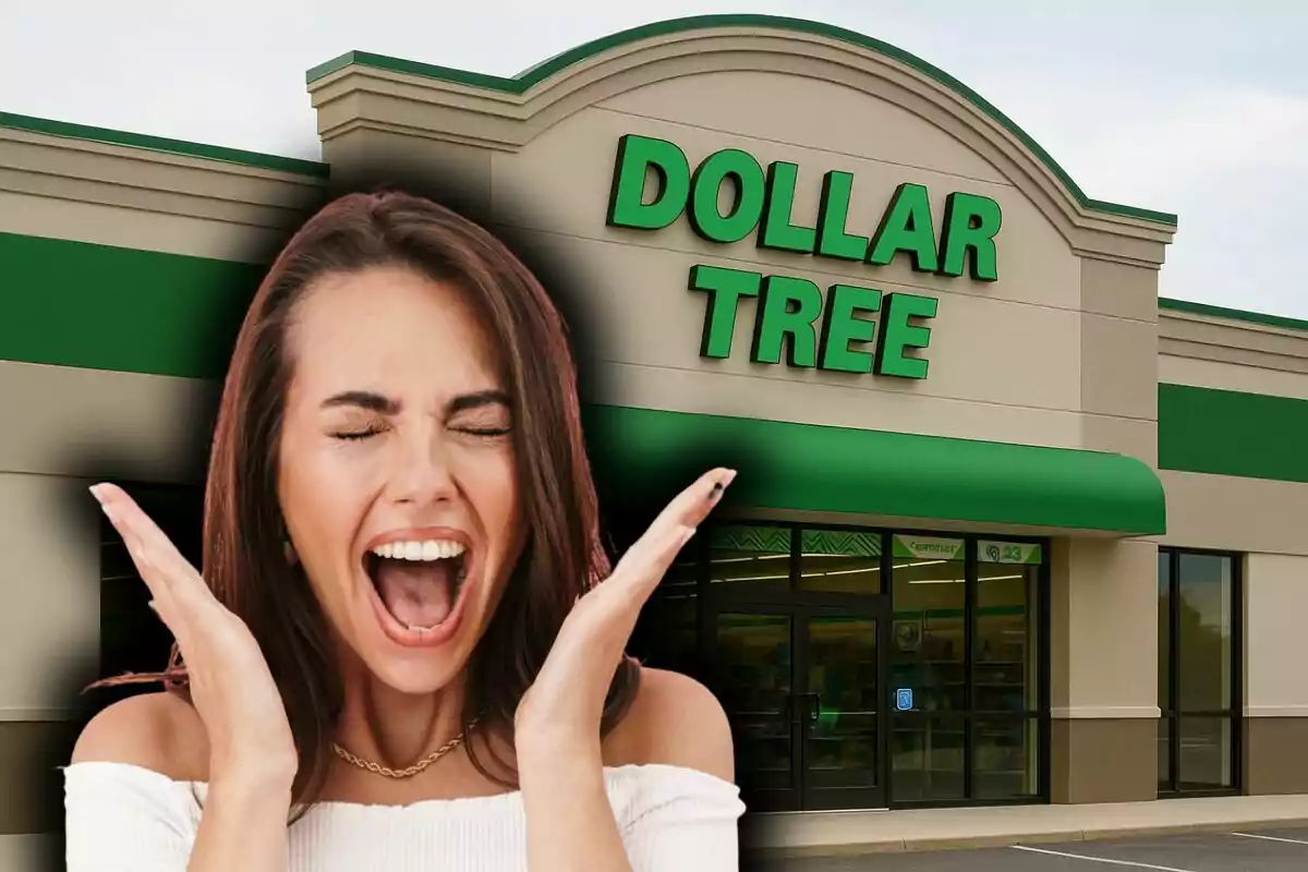Mujer joven con expresión de sorpresa o emoción frente a una tienda Dollar Tree.