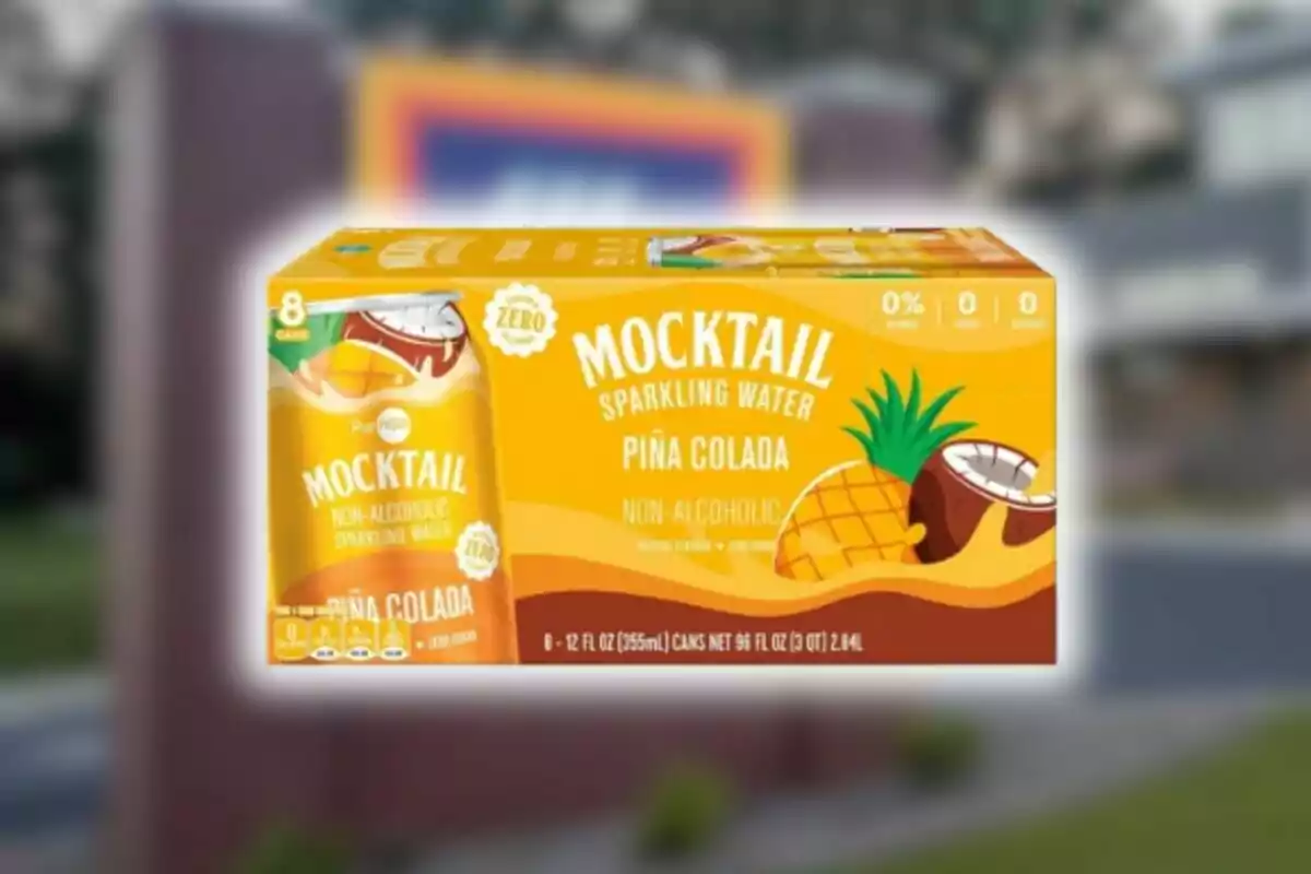 Non-alcoholic piña colada flavored mineral water pack with illustrations of pineapple and coconut on a yellow background, which is a store from Aldi in the United States. Non-alcoholic piña colada flavored mineral water pack with illustrations of pineapple and coconut on a yellow background, which is a store from Aldi in the United States.