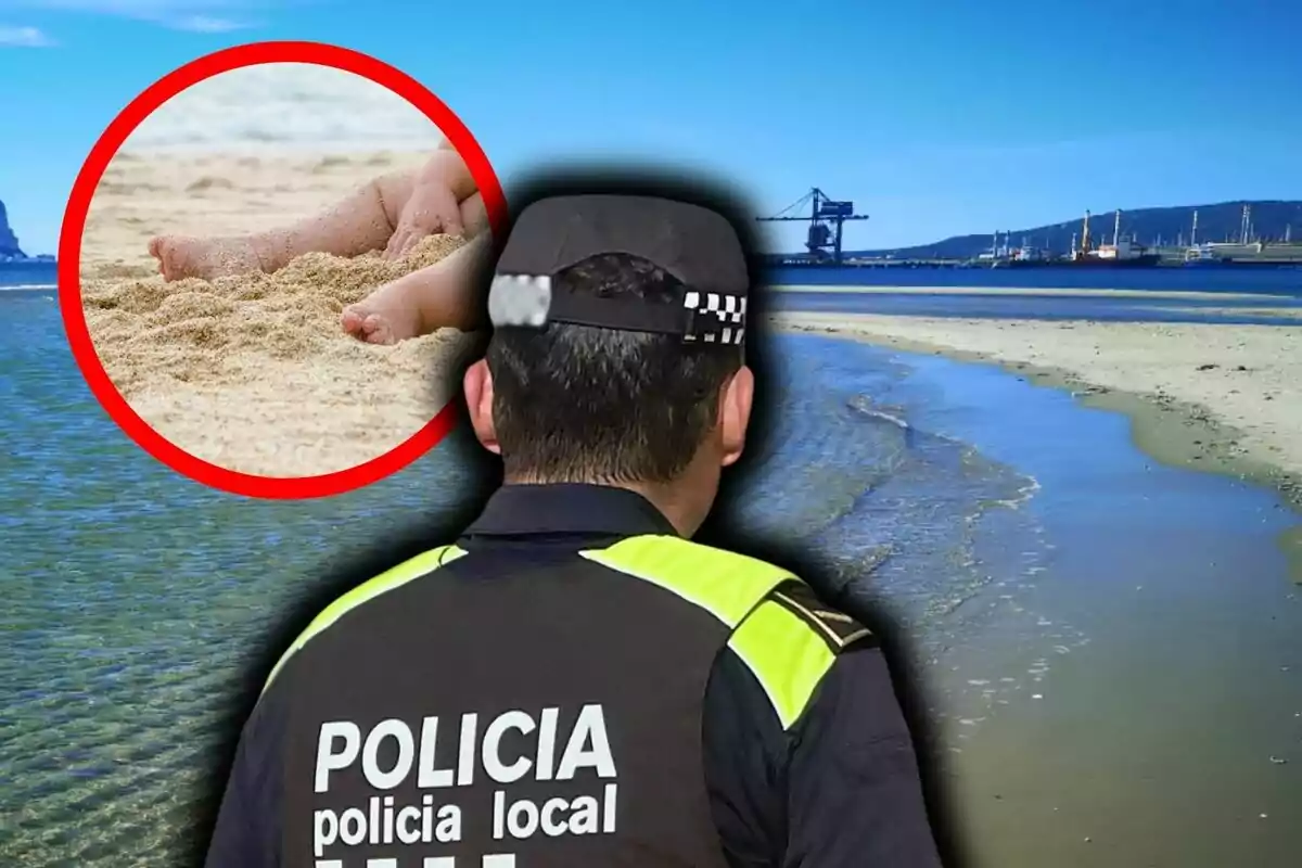 Un policia local d’esquena observa una platja mentre en un cercle es mostra un primer pla de les cames d’un nadó a la sorra.