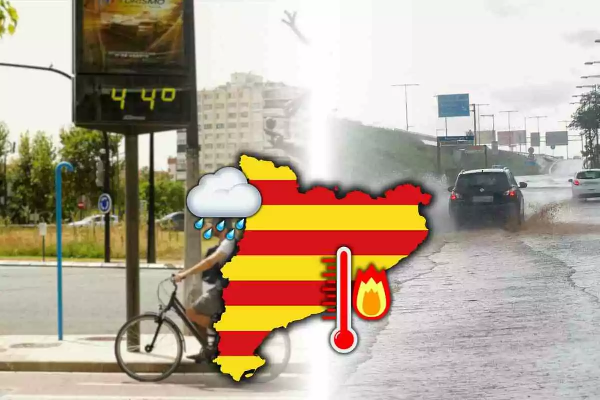 Imagen dividida en dos mitades mostrando a la izquierda una calle soleada con un termómetro marcando 44 grados y a la derecha una carretera bajo la lluvia con coches circulando, en el centro un mapa con iconos de calor y lluvia. Imagen dividida en dos mitades mostrando a la izquierda una calle soleada con un termómetro marcando 44 grados y a la derecha una carretera bajo la lluvia con coches circulando, en el centro un mapa con iconos de calor y lluvia.