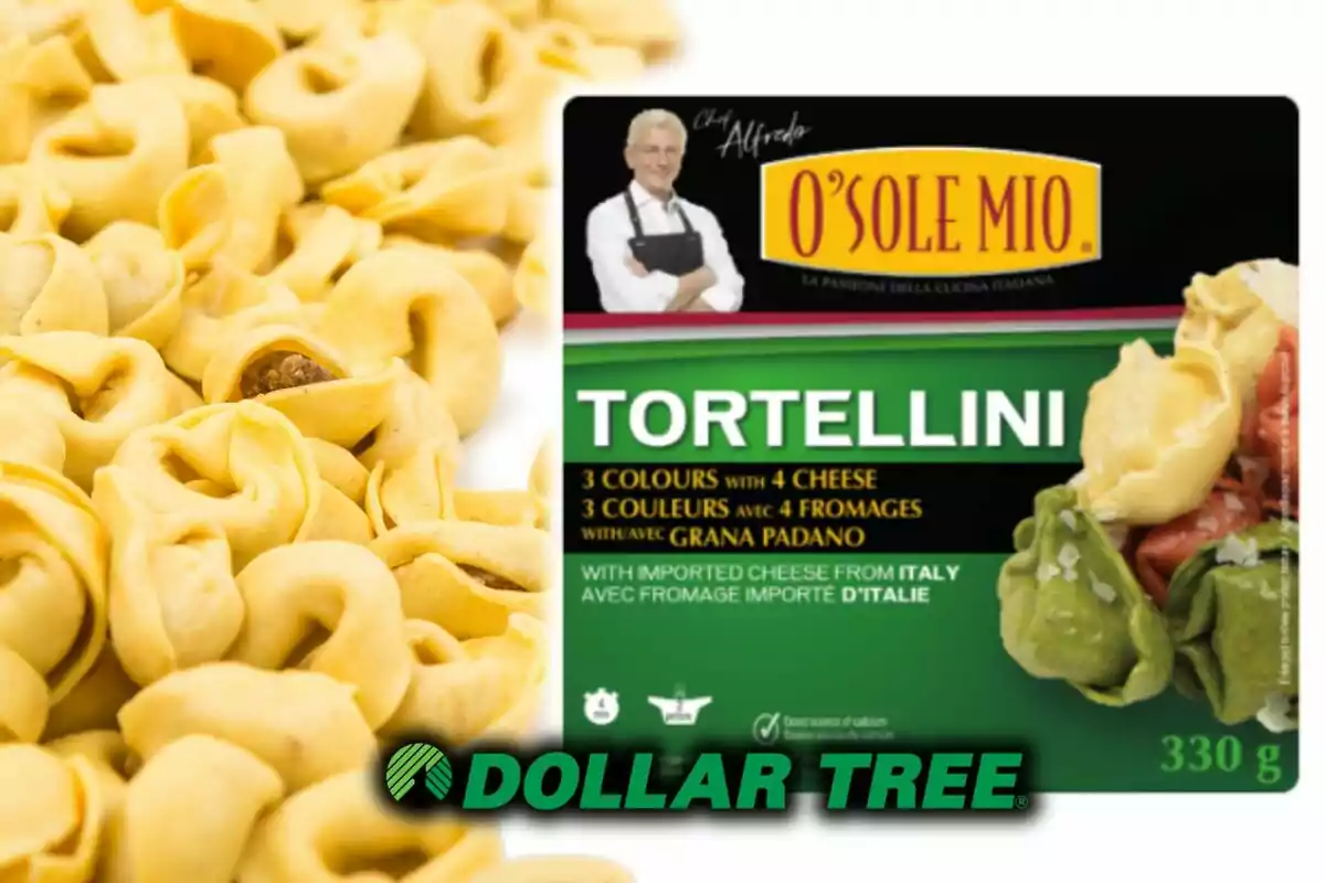 Tortellini de la marca O’Sole Mio con empaque verde y amarillo, junto al logo de Dollar Tree y pasta tortellini esparcida. Tortellini de la marca O’Sole Mio con empaque verde y amarillo, junto al logo de Dollar Tree y pasta tortellini esparcida.