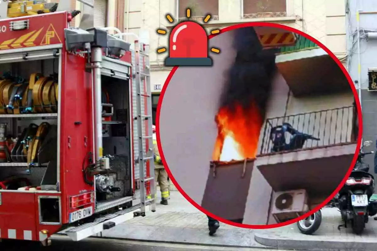 Camión de bomberos estacionado en la calle mientras en un círculo se muestra un balcón en llamas con humo negro saliendo de un departamento