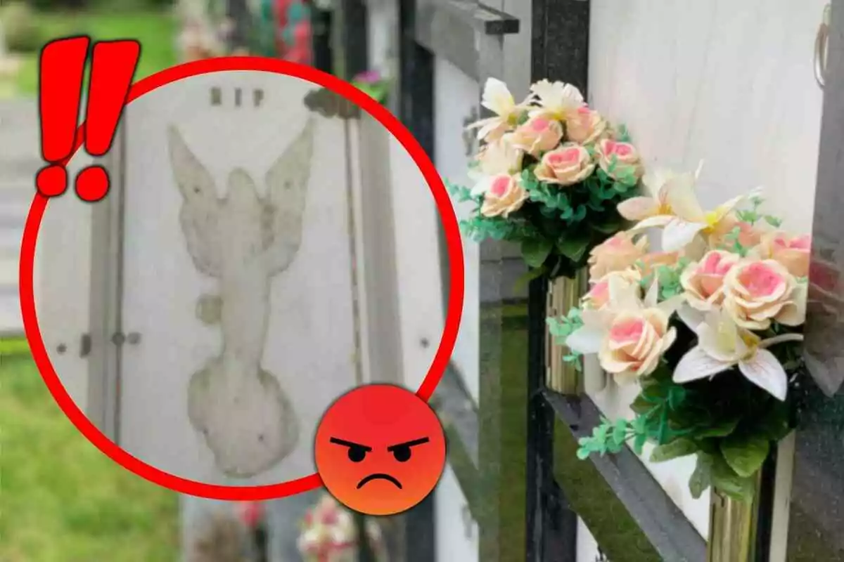 Tumba con flores artificiales y una lápida con una mancha extraña resaltada en un círculo rojo junto a un emoji de enojo y signos de exclamación.