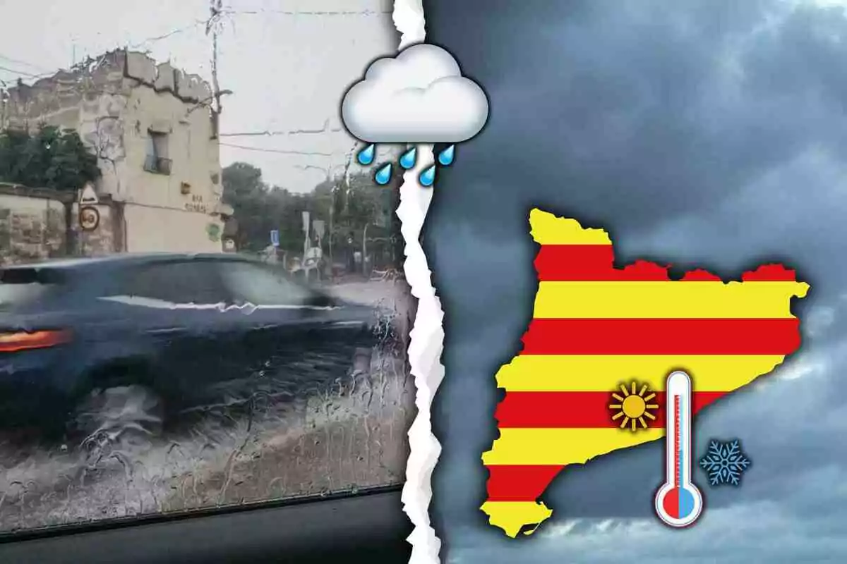 Imagen dividida en dos partes, a la izquierda se ve un coche bajo la lluvia y a la derecha un mapa de Cataluña con símbolos de sol, termómetro y copo de nieve sobre un fondo nublado. Imagen dividida en dos partes, a la izquierda se ve un coche bajo la lluvia y a la derecha un mapa de Cataluña con símbolos de sol, termómetro y copo de nieve sobre un fondo nublado.