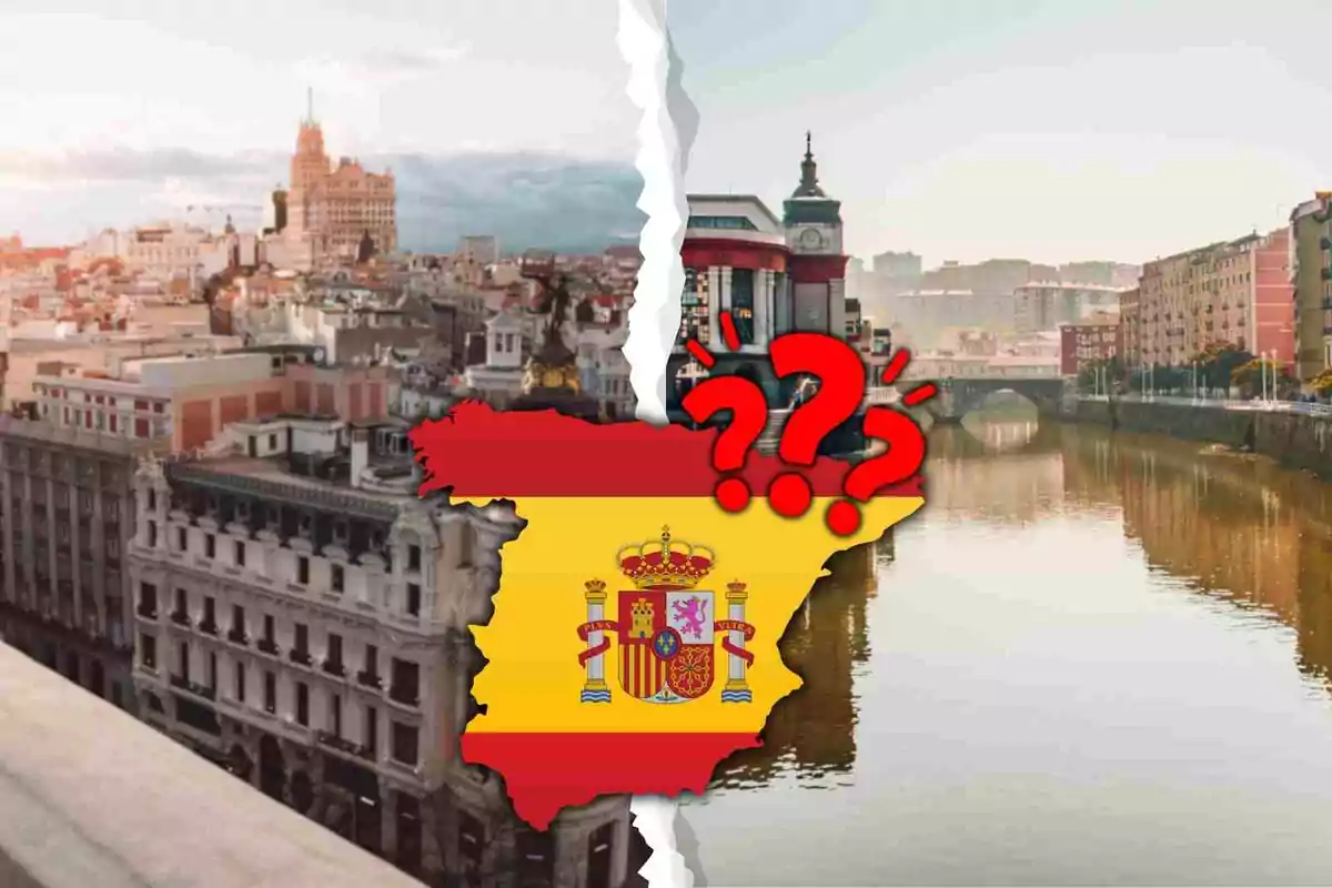 Imagen dividida mostrando dos ciudades españolas con un mapa de España en el centro y signos de interrogación sobre él