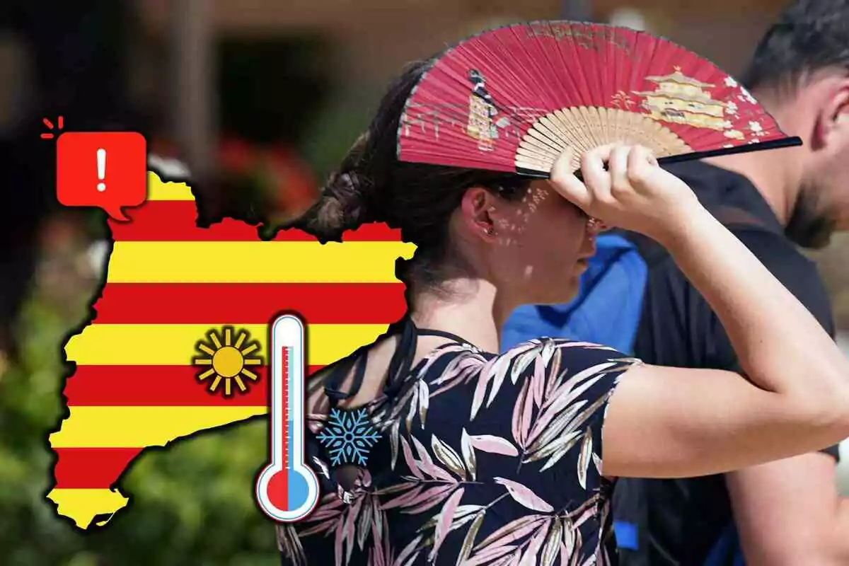 Mujer abanicándose para protegerse del calor junto a un gráfico de mapa con franjas rojas y amarillas, un termómetro y símbolos de sol y advertencia
