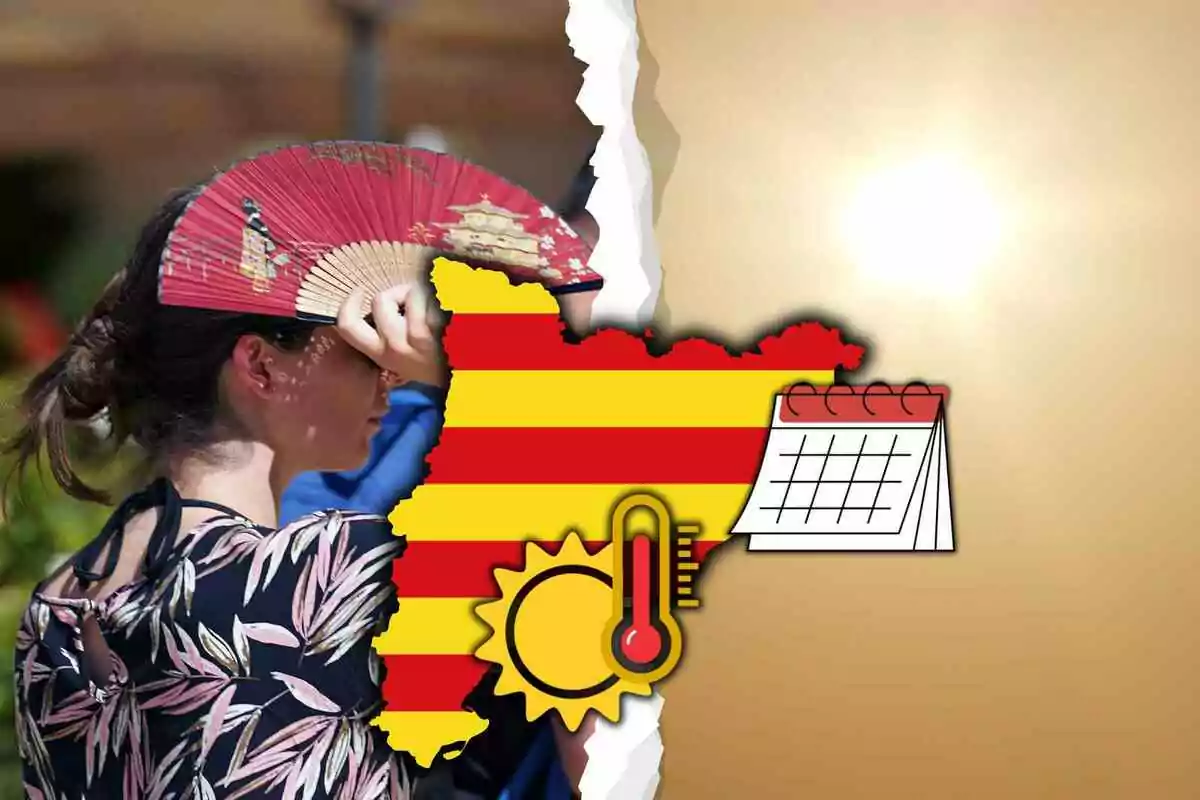 Dona ventant-se per protegir-se de la calor al costat d’un mapa de Catalunya amb icones de sol, termòmetre i calendari sobre un fons assolellat Dona ventant-se per protegir-se de la calor al costat d’un mapa de Catalunya amb icones de sol, termòmetre i calendari sobre un fons assolellat