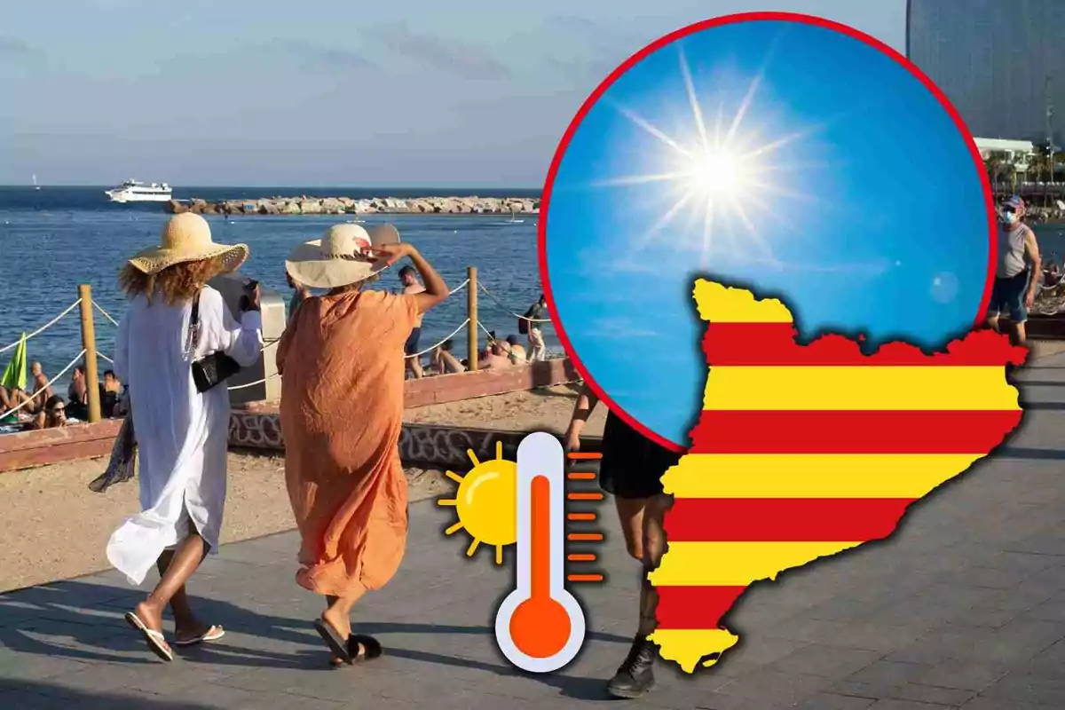 Persones caminant per un passeig marítim a la platja durant un dia assolellat amb un gràfic de termòmetre i el mapa de Catalunya amb ratlles vermelles i grogues indicant altes temperatures