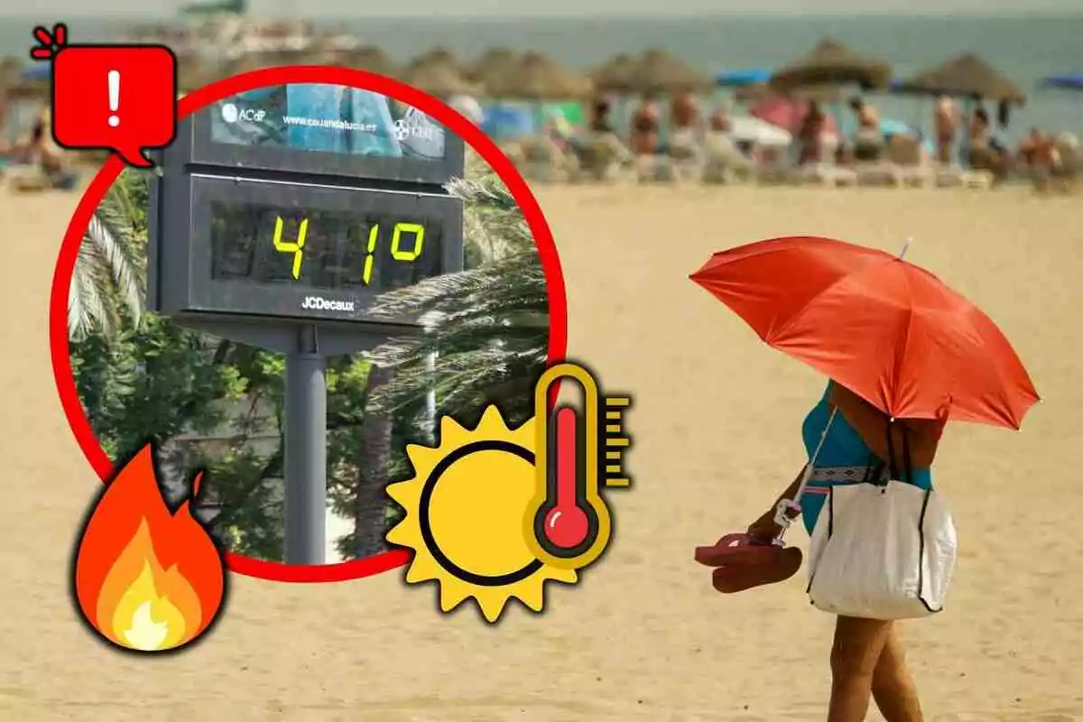 Una dona camina per la platja amb un paraigua vermell mentre un termòmetre marca 41 graus i hi ha icones de calor i advertència. Una dona camina per la platja amb un paraigua vermell mentre un termòmetre marca 41 graus i hi ha icones de calor i advertència.