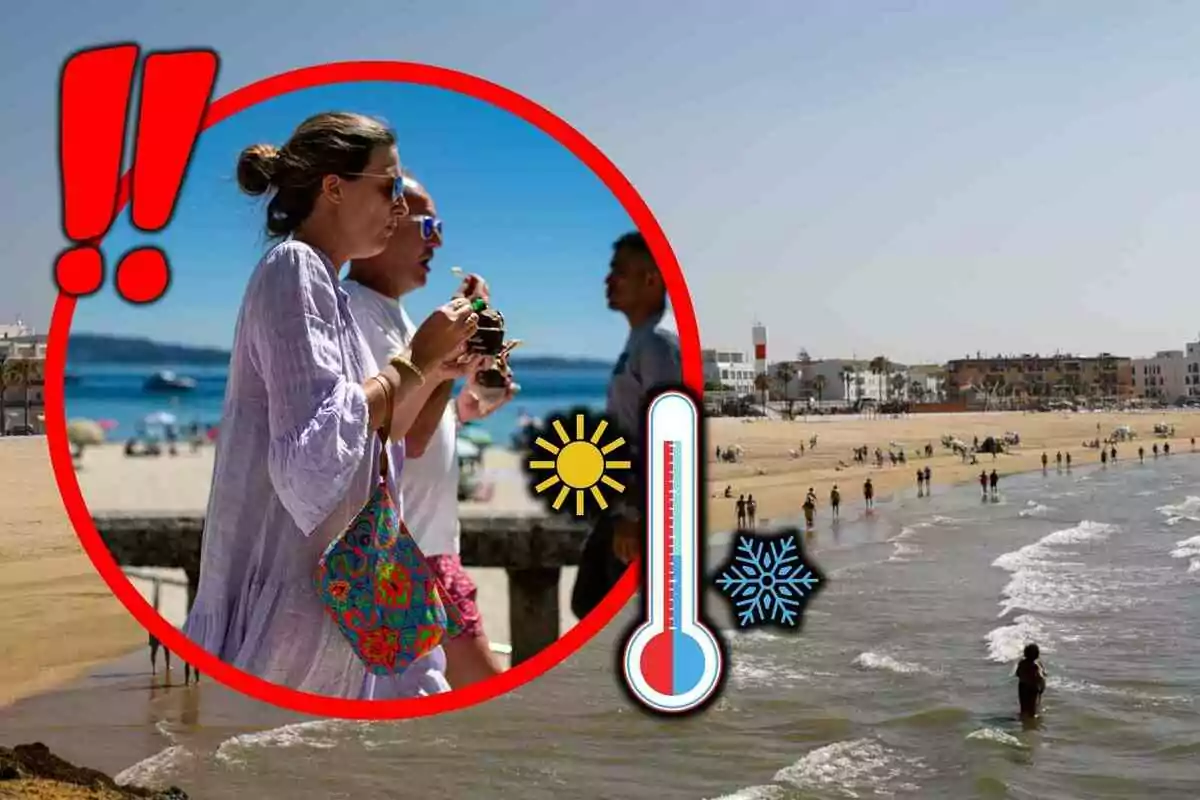 Personas en la playa disfrutando el clima con símbolos de calor y frío y un termómetro indicando variación de temperatura