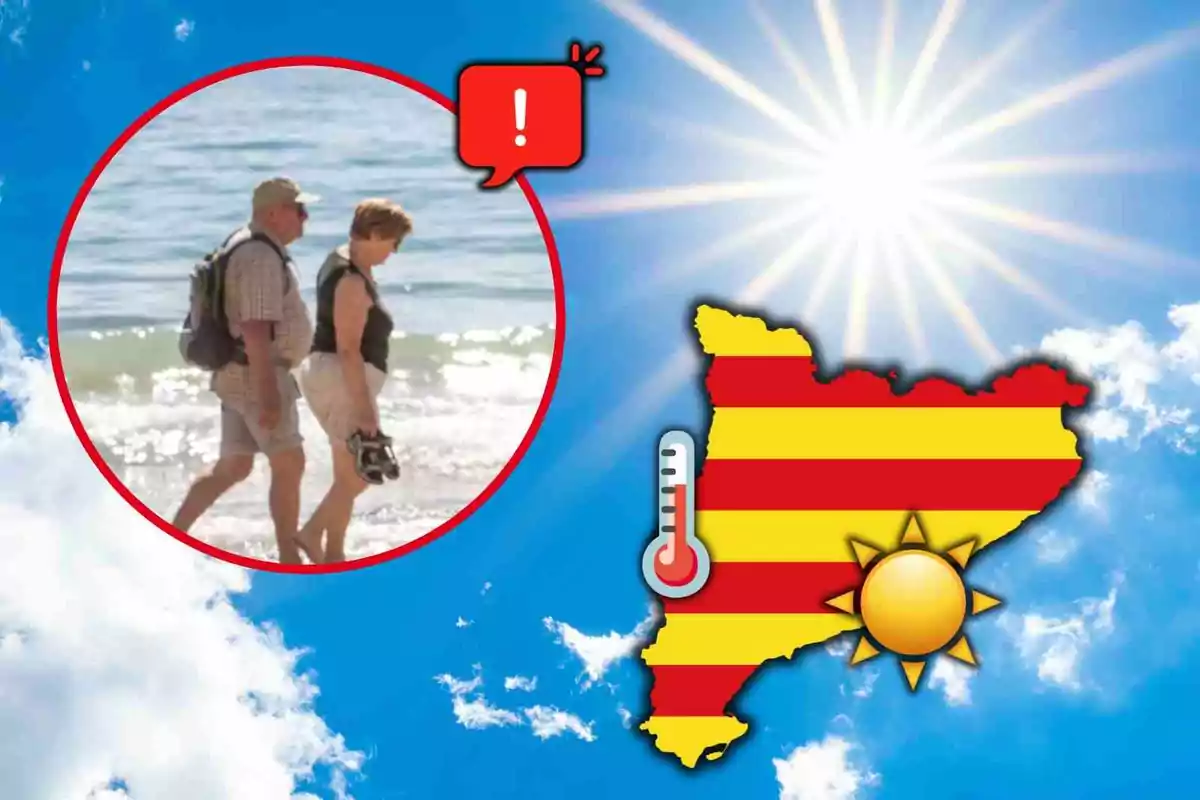 Pareja de personas mayores caminando por la playa junto a un gráfico de la Comunidad Valenciana con un sol brillante y un termómetro indicando altas temperaturas Pareja de personas mayores caminando por la playa junto a un gráfico de la Comunidad Valenciana con un sol brillante y un termómetro indicando altas temperaturas