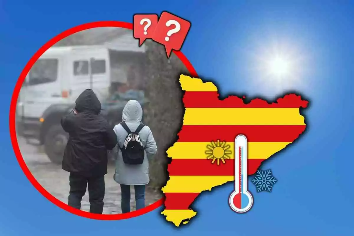 Dues persones amb abrics caminen sota un clima fred mentre al costat apareix un mapa de Catalunya amb un termòmetre, un sol i un floc de neu sobre un fons blau.