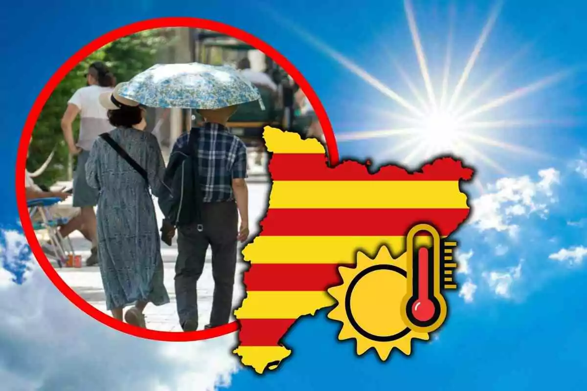 Dues persones caminen sota un paraigua mentre un gràfic de mapa amb ratlles vermelles i grogues i una icona de sol i termòmetre indica altes temperatures sota un cel assolellat.