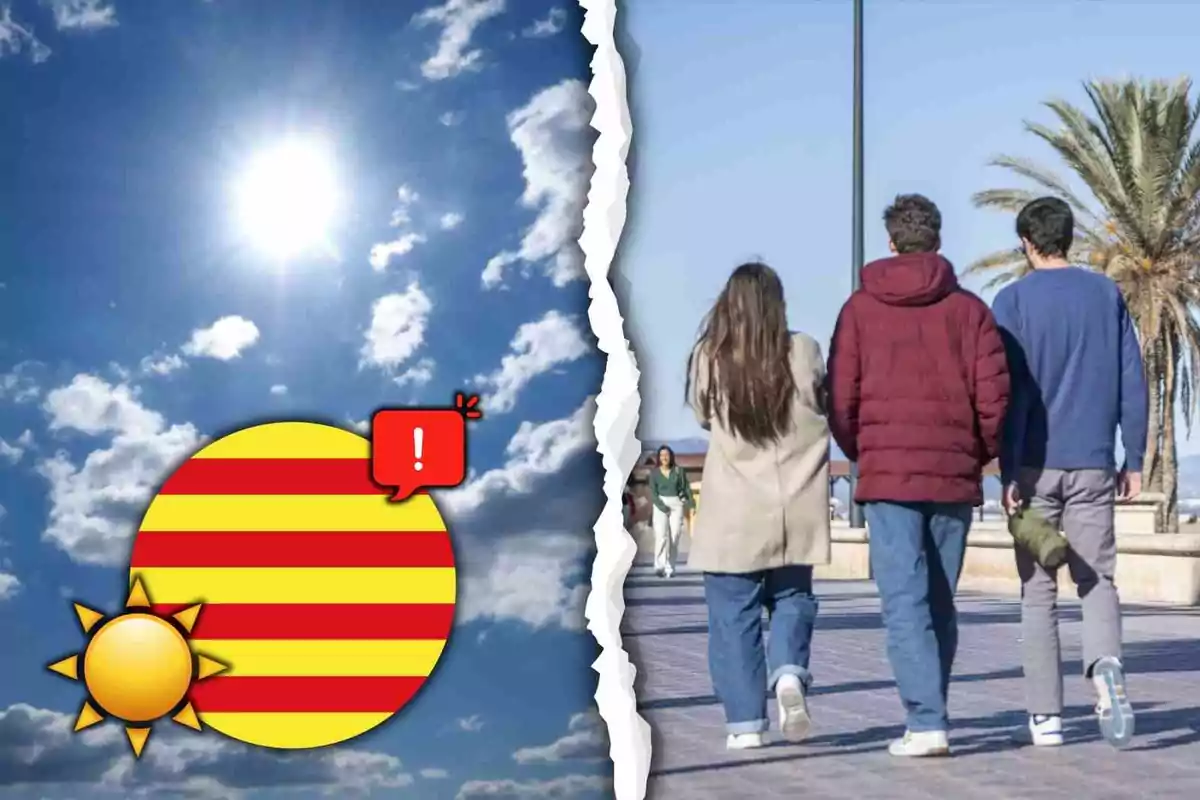 Cel assolellat amb alguns núvols i un símbol d’advertència al costat d’un grup de persones caminant per un passeig amb palmeres
