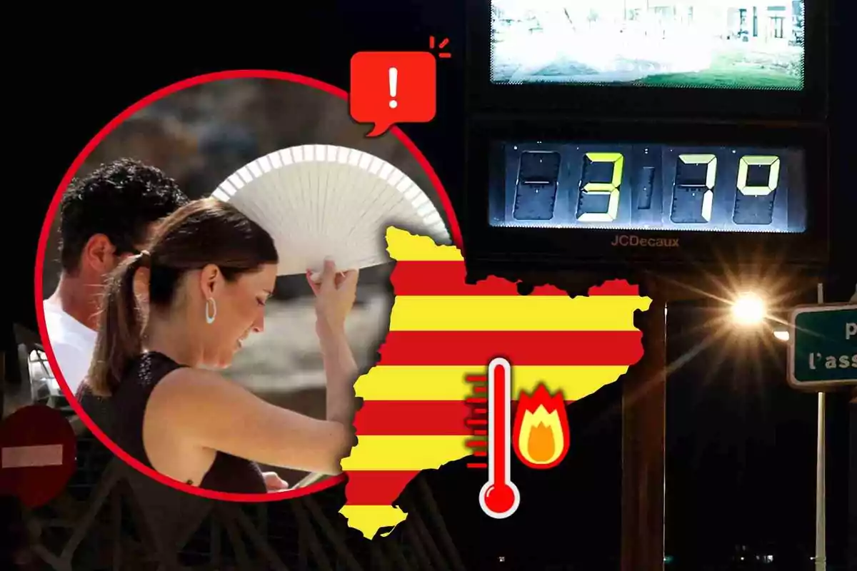 Una dona es ventila per refrescar-se al costat d’un mapa de Catalunya amb un termòmetre i un senyal de calor extrema, mentre un rellotge del carrer marca 37 graus.