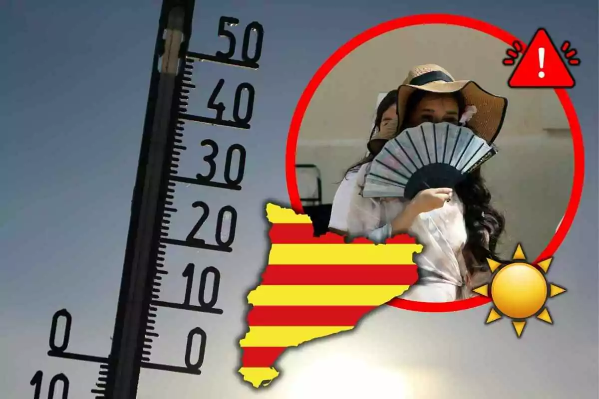 Termómetro marcando altas temperaturas junto a una mujer con sombrero y abanico, un mapa con franjas rojas y amarillas, un sol y un símbolo de advertencia
