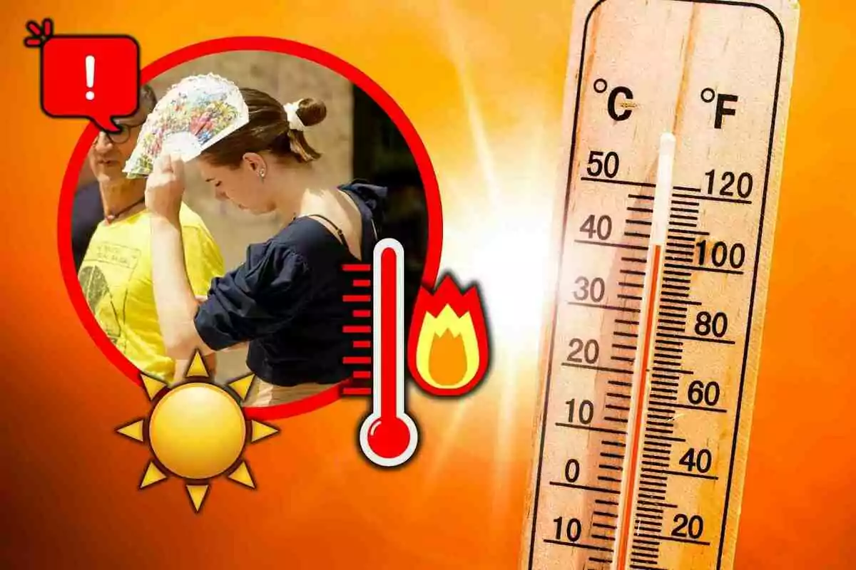 Mujer abanicándose bajo el sol con un termómetro marcando altas temperaturas y símbolos de calor extremo