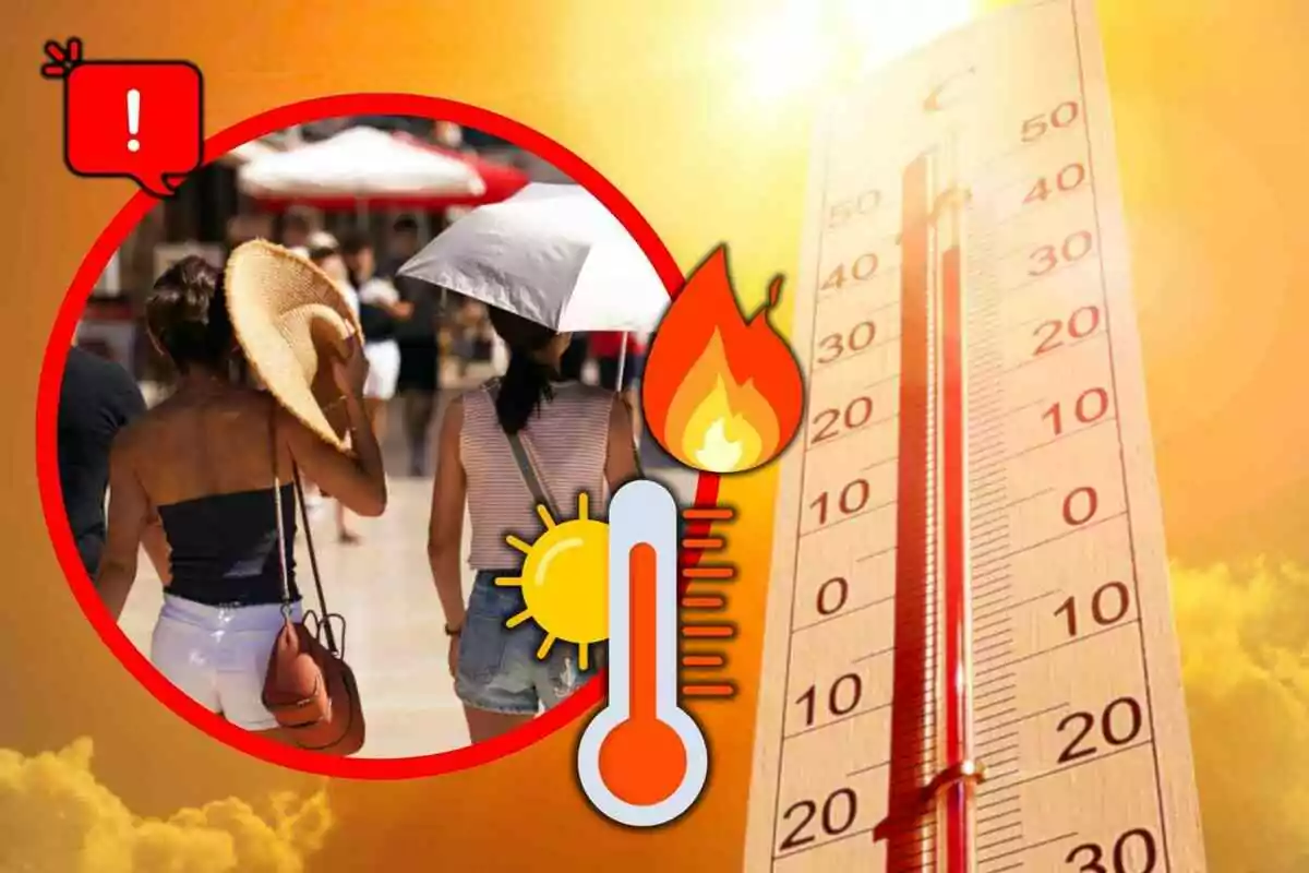 Personas caminando bajo el sol intenso usando sombrero y sombrilla con un termómetro marcando altas temperaturas y símbolos de calor extremo