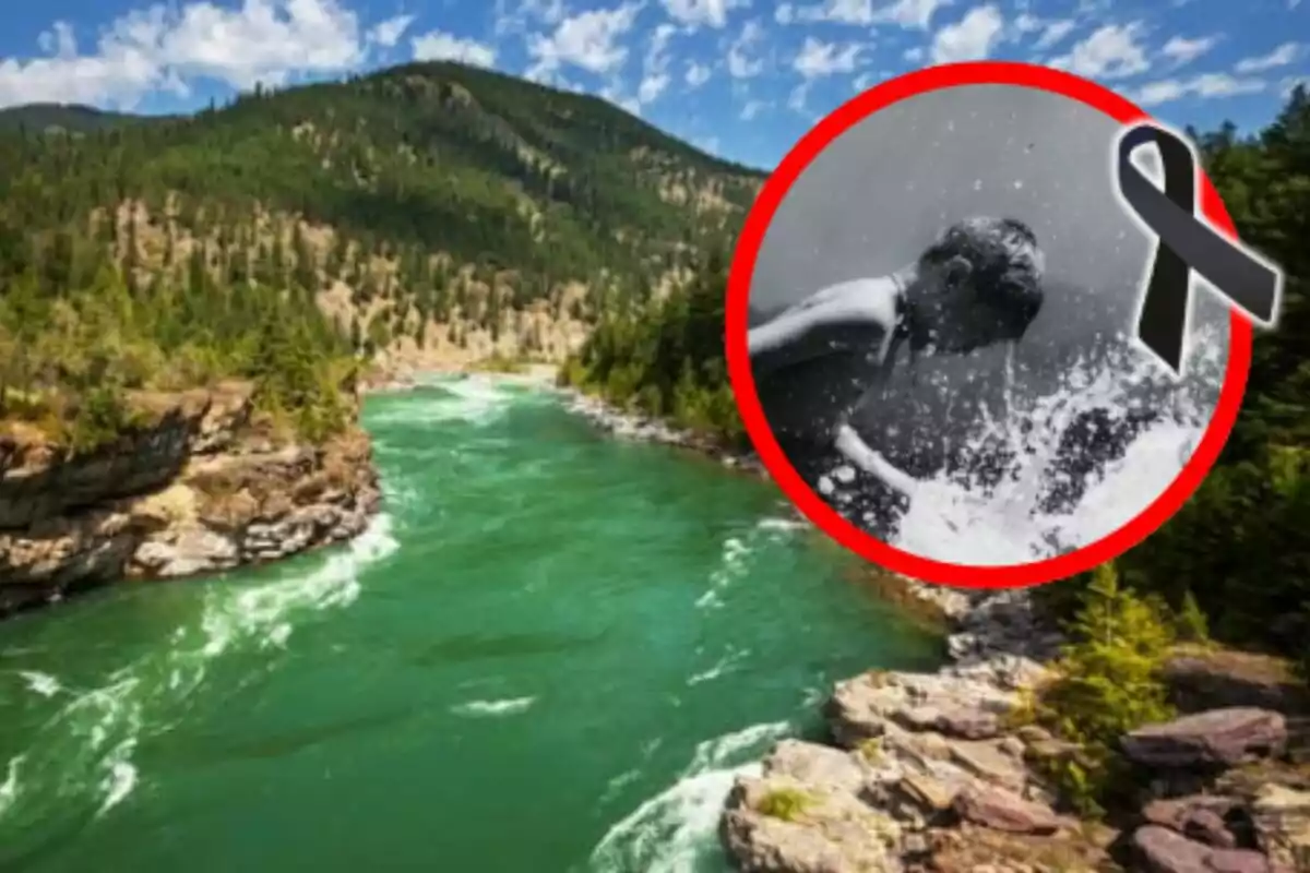 Riu envoltat de muntanyes i arbres amb un requadre que mostra un nen esquitxant aigua i un llaç negre en senyal de dol.