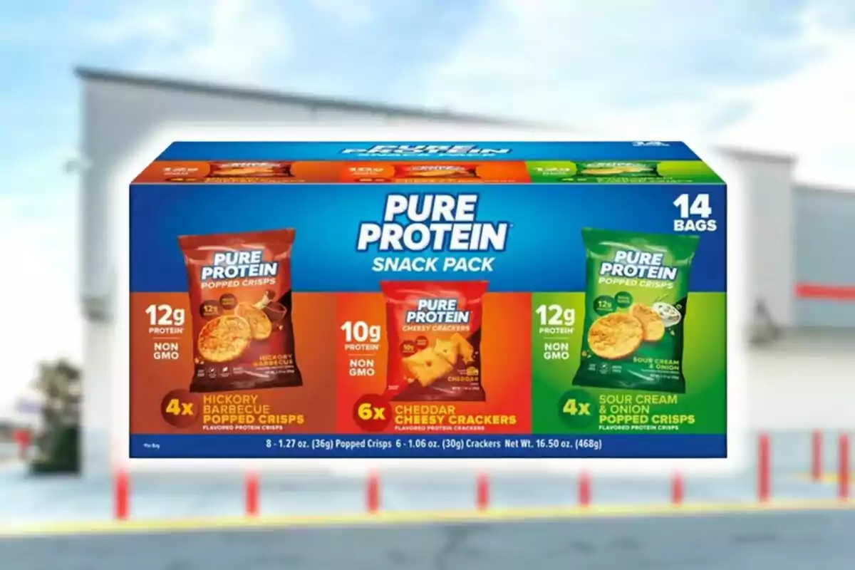 Pure Protein Snack Pack box with 14 bags of protein snacks in three different flavors: hickory barbecue, cheddar cheesy crackers, and sour cream and onion; a snack sold at Costco. Pure Protein Snack Pack box with 14 bags of protein snacks in three different flavors: hickory barbecue, cheddar cheesy crackers, and sour cream and onion; a snack sold at Costco.
