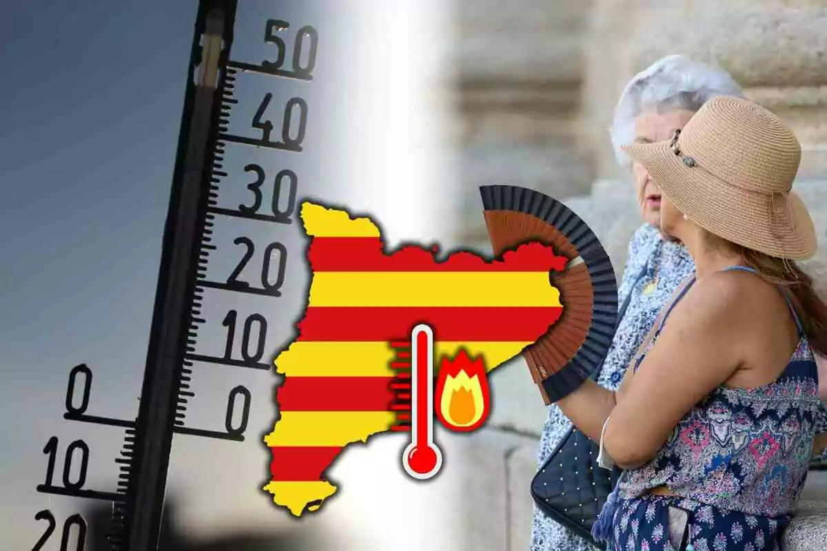 Termómetro marcando altas temperaturas junto a dos mujeres sentadas, una de ellas usando un abanico, con un mapa de Aragón en colores rojo y amarillo y un icono de calor extremo