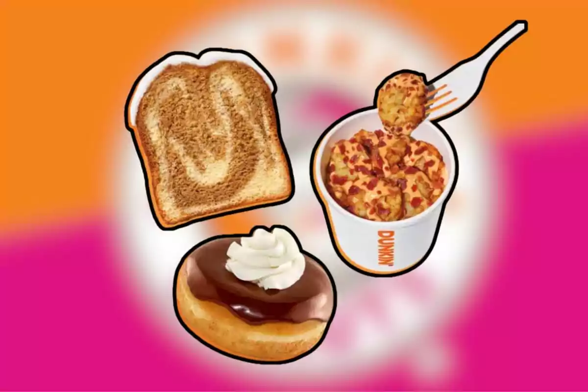 Rebanada de pan con canela, dona de chocolate con crema y un recipiente con bocados de papa con tocino sobre un fondo naranja y rosa Rebanada de pan con canela, dona de chocolate con crema y un recipiente con bocados de papa con tocino sobre un fondo naranja y rosa