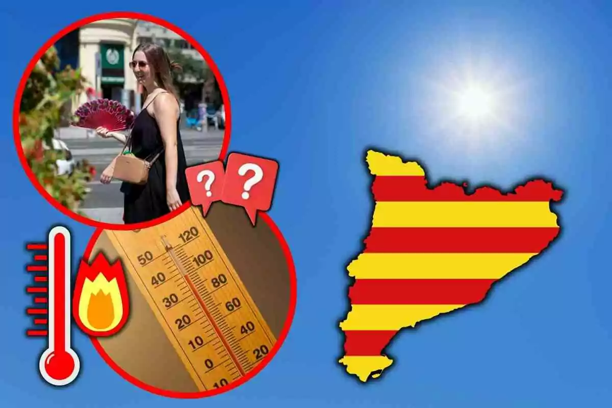 Una dona amb ulleres de sol i ventall camina sota el sol, al costat d’un termòmetre alt i un mapa de Catalunya amb ratlles vermelles i grogues, tot en un context de calor extrema. Una dona amb ulleres de sol i ventall camina sota el sol, al costat d’un termòmetre alt i un mapa de Catalunya amb ratlles vermelles i grogues, tot en un context de calor extrema.