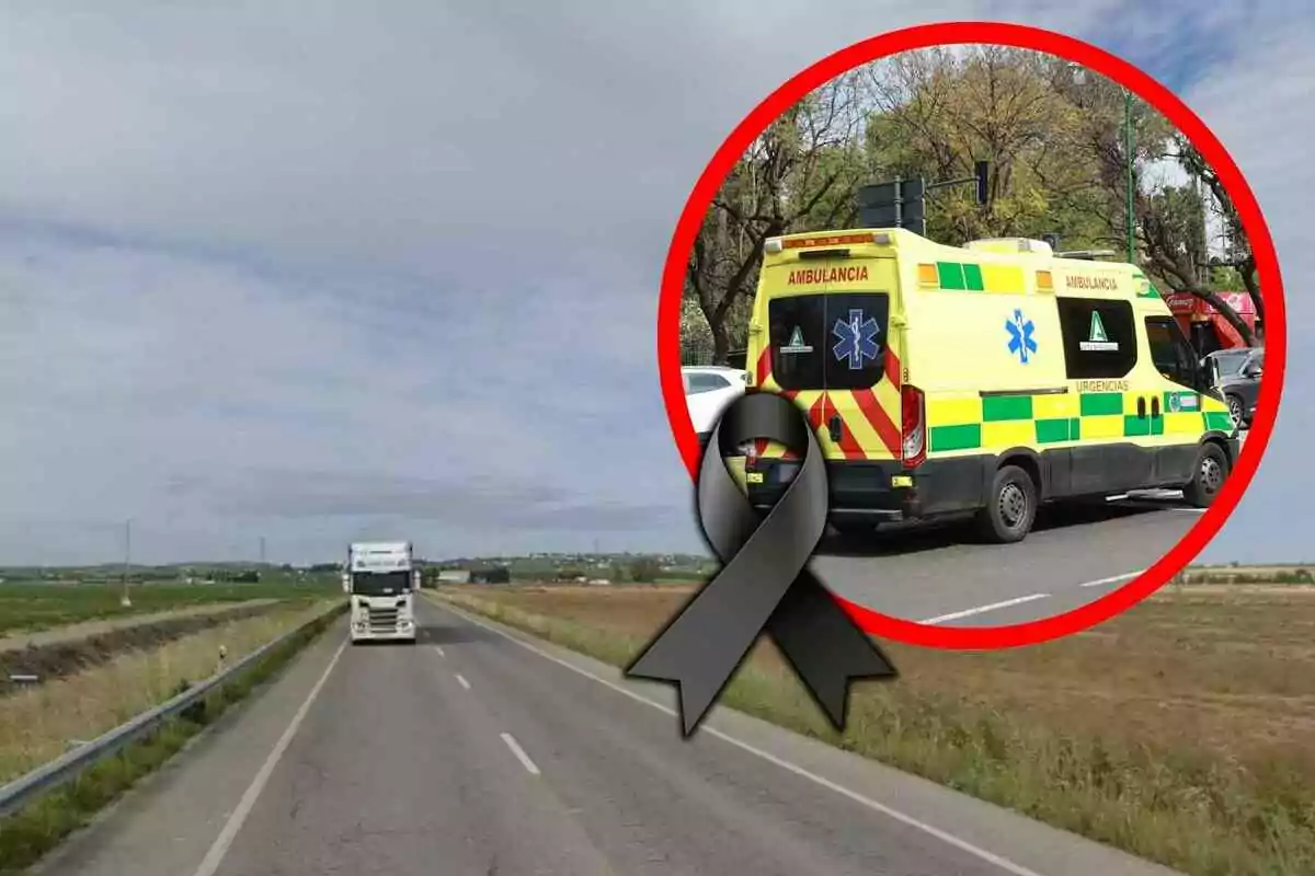 Carretera amb un camió i un requadre que mostra una ambulància d’emergències al costat d’un llaç negre de dol