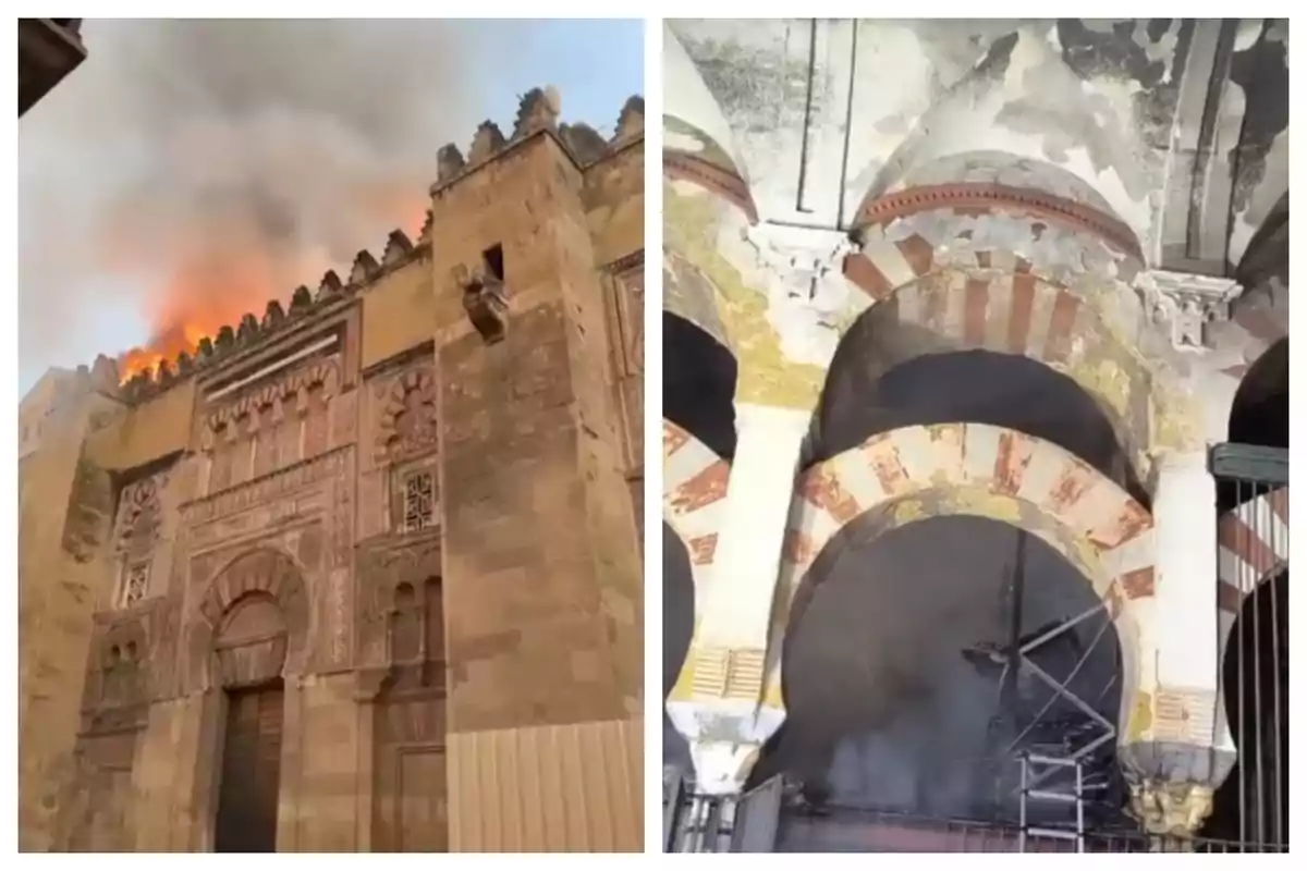 Muntatge de fotos de la façana de la Mesquita de Còrdova amb foc i fum al sostre juntament amb un interior amb arcs i parets ennegrides pel fum.