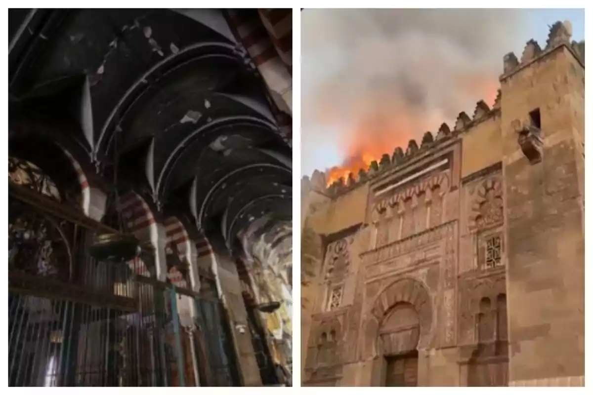Interior i façana d’un edifici històric amb un incendi visible a la teulada, que és la Mesquita de Còrdova el passat 8 d’agost de 2025.