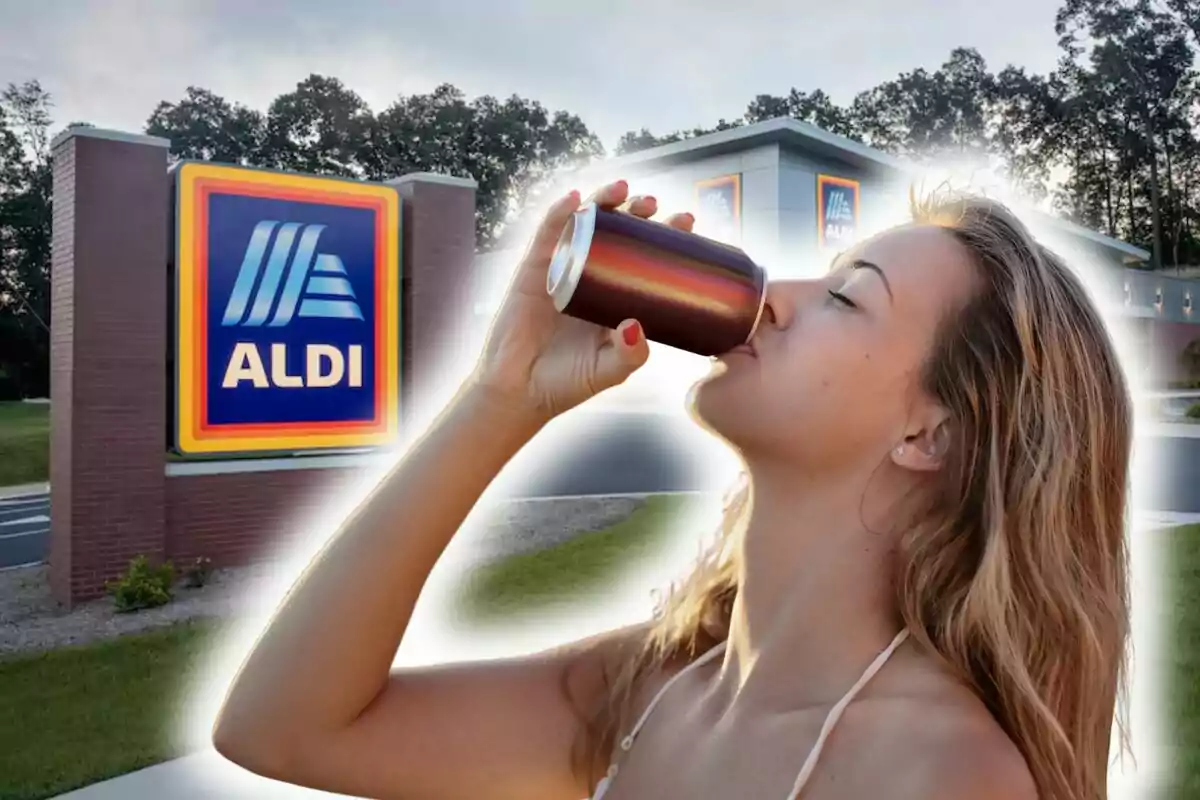 Mujer bebiendo de una lata frente a una tienda Aldi.