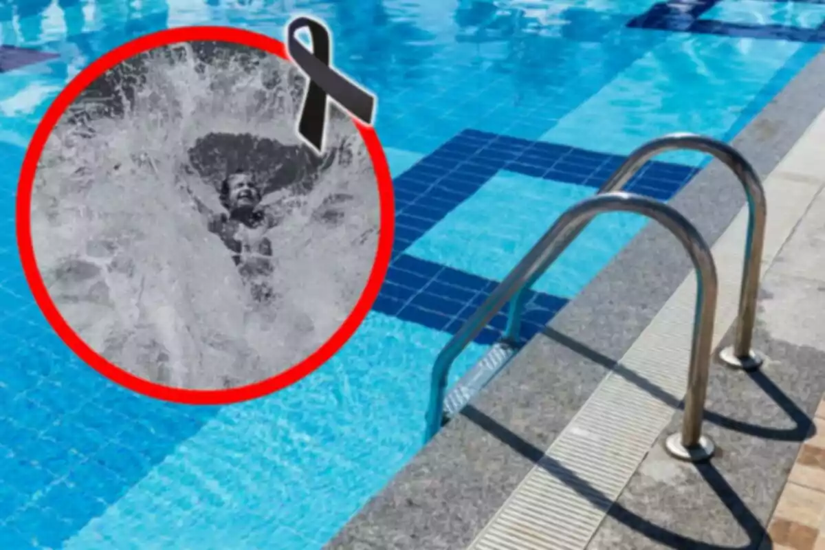 Piscina con una imagen en blanco y negro de un niño salpicando agua dentro de un círculo rojo con un moño negro en la esquina.