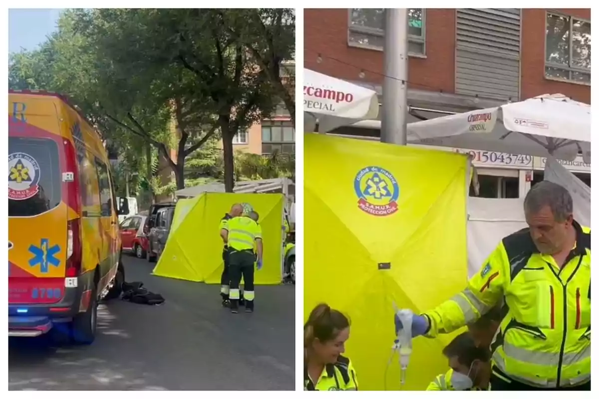 Paramèdics atenen una emergència a la via pública al costat d’una ambulància i una tenda groga de protecció a Madrid. Paramèdics atenen una emergència a la via pública al costat d’una ambulància i una tenda groga de protecció a Madrid.