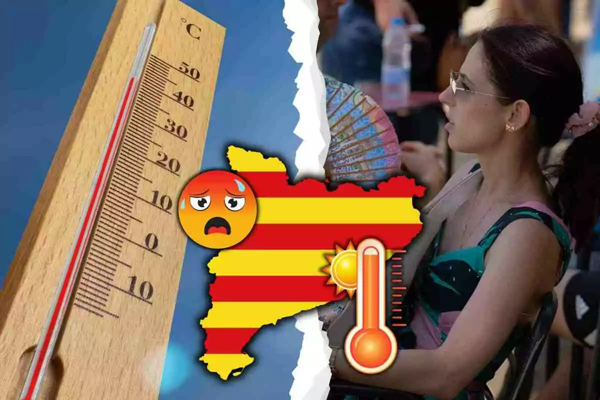 Termómetro marcando alta temperatura junto a una mujer abanicándose y un gráfico de calor sobre un mapa con franjas rojas y amarillas