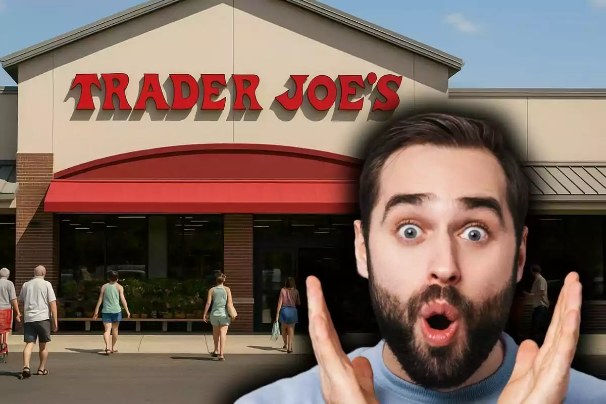 Un hombre con expresión de sorpresa aparece frente a la entrada de una tienda Trader Joe's mientras varias personas caminan hacia el supermercado.
