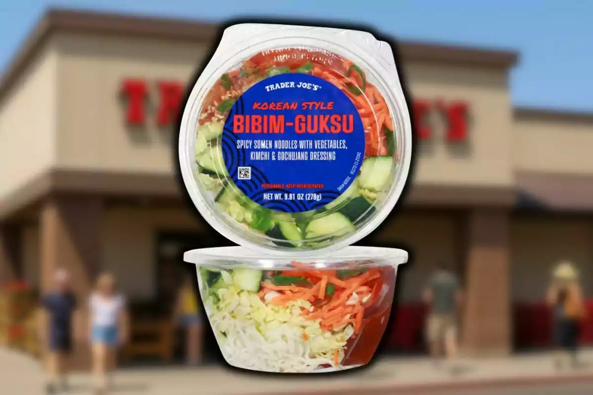 Spicy somen noodle bowl with vegetables, kimchi, and gochujang dressing from Trader Joe’s in front of a store. Spicy somen noodle bowl with vegetables, kimchi, and gochujang dressing from Trader Joe’s in front of a store.