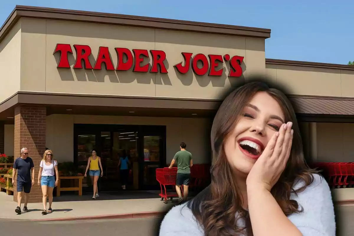 Facade of a Trader Joe's store with several people going in and out and a young woman laughing in the foreground.