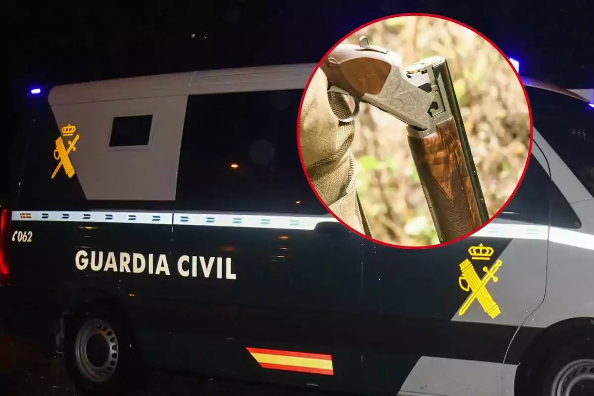 Furgó de la Guàrdia Civil estacionat de nit amb un requadre que mostra una escopeta sostinguda per una persona