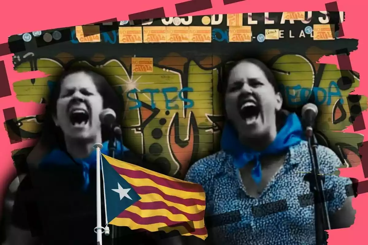Dos mujeres con pañuelos azules en el cuello gritan frente a micrófonos, al fondo hay un mural con grafitis y una bandera estelada ondea en primer plano