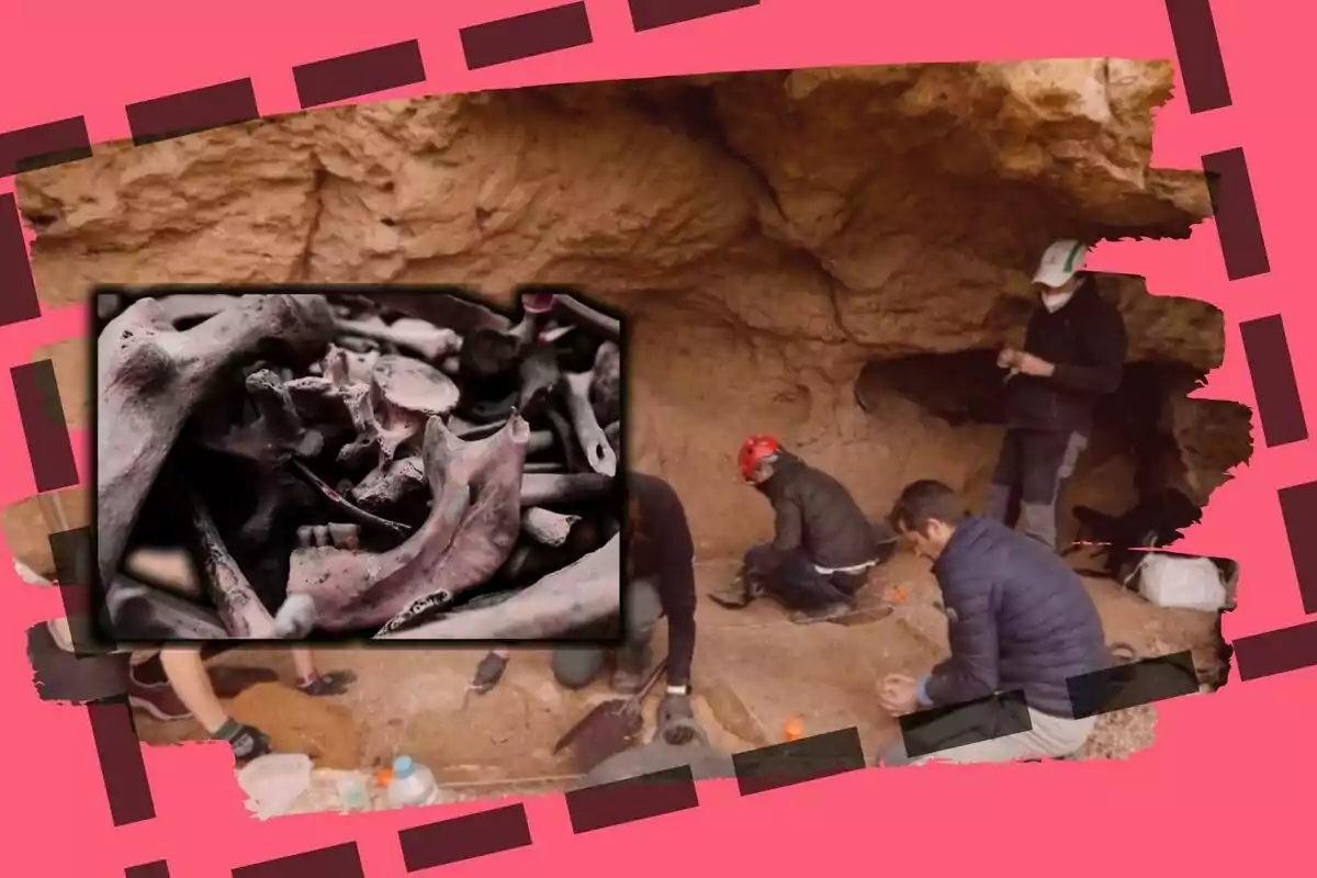 Personas realizando una excavación arqueológica en una cueva con un recuadro que muestra huesos antiguos encontrados en el sitio