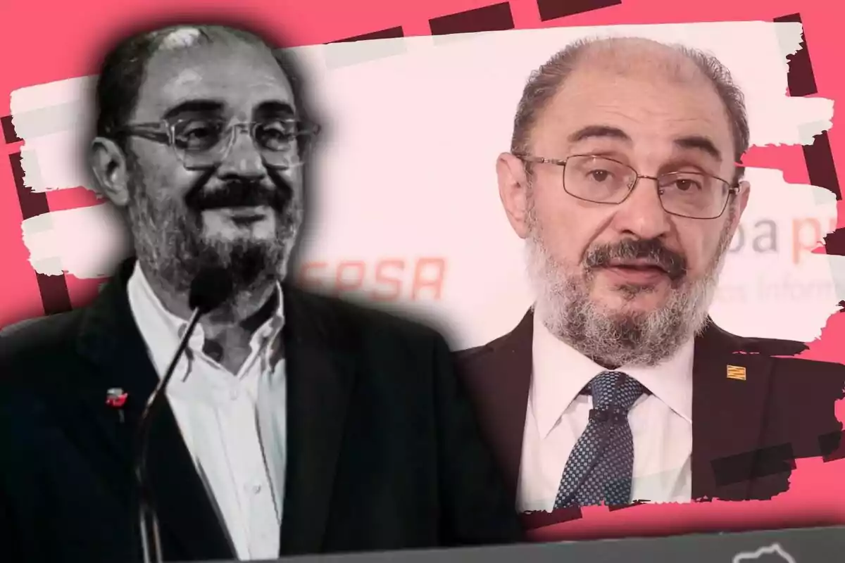 Dos retratos de un hombre con barba y gafas, uno en blanco y negro y otro a color, sobre un fondo con detalles en tonos rosa y blanco.