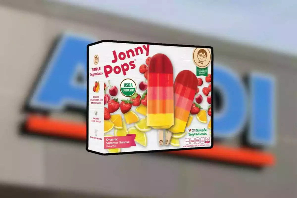 Jonny Pops Summer Sunrise popsicle box with images of strawberries and oranges on the front and a blurred store logo in the background Jonny Pops Summer Sunrise popsicle box with images of strawberries and oranges on the front and a blurred store logo in the background