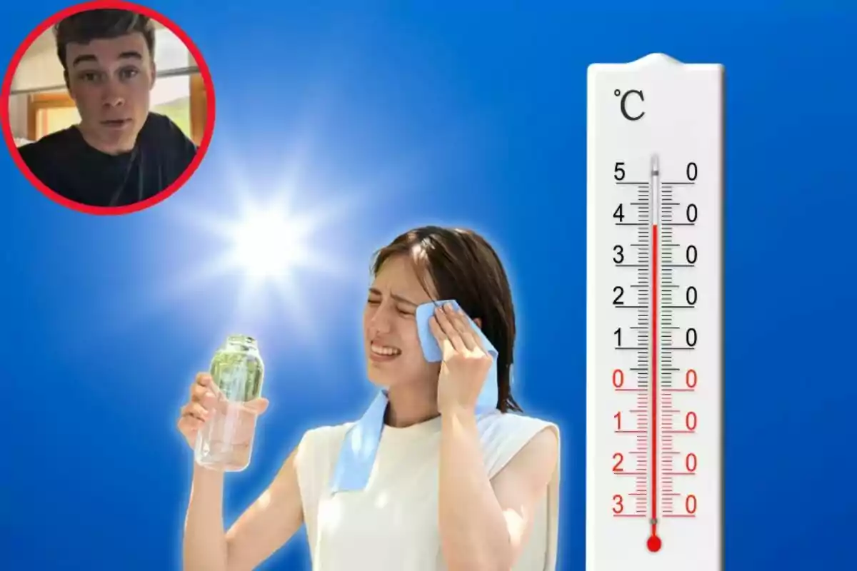 Dona eixugant-se la suor amb una tovallola i sostenint una ampolla d’aigua sota un sol intens al costat d’un termòmetre que marca una temperatura alta i un requadre amb el rostre d’un jove a la cantonada superior esquerra