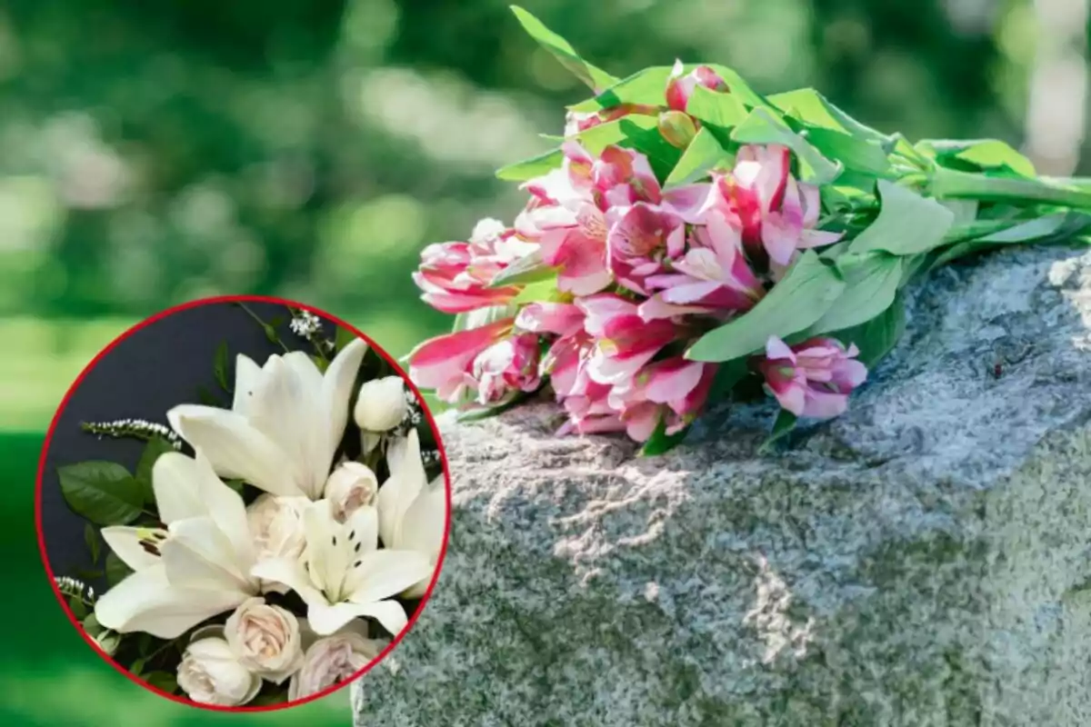 Ramo de flores rosadas sobre una lápida de piedra con un recuadro que muestra un arreglo de lirios y rosas blancas Ramo de flores rosadas sobre una lápida de piedra con un recuadro que muestra un arreglo de lirios y rosas blancas