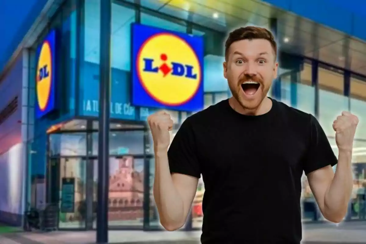 Young man with a joyful expression and arms raised in front of a Lidl store