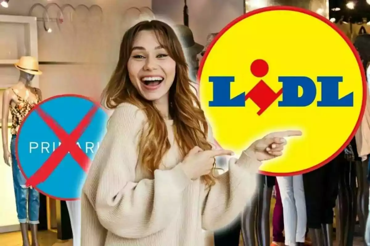 Dona somrient assenyalant el logotip de Lidl mentre al fons apareix un logotip de Primark ratllat en una botiga de roba